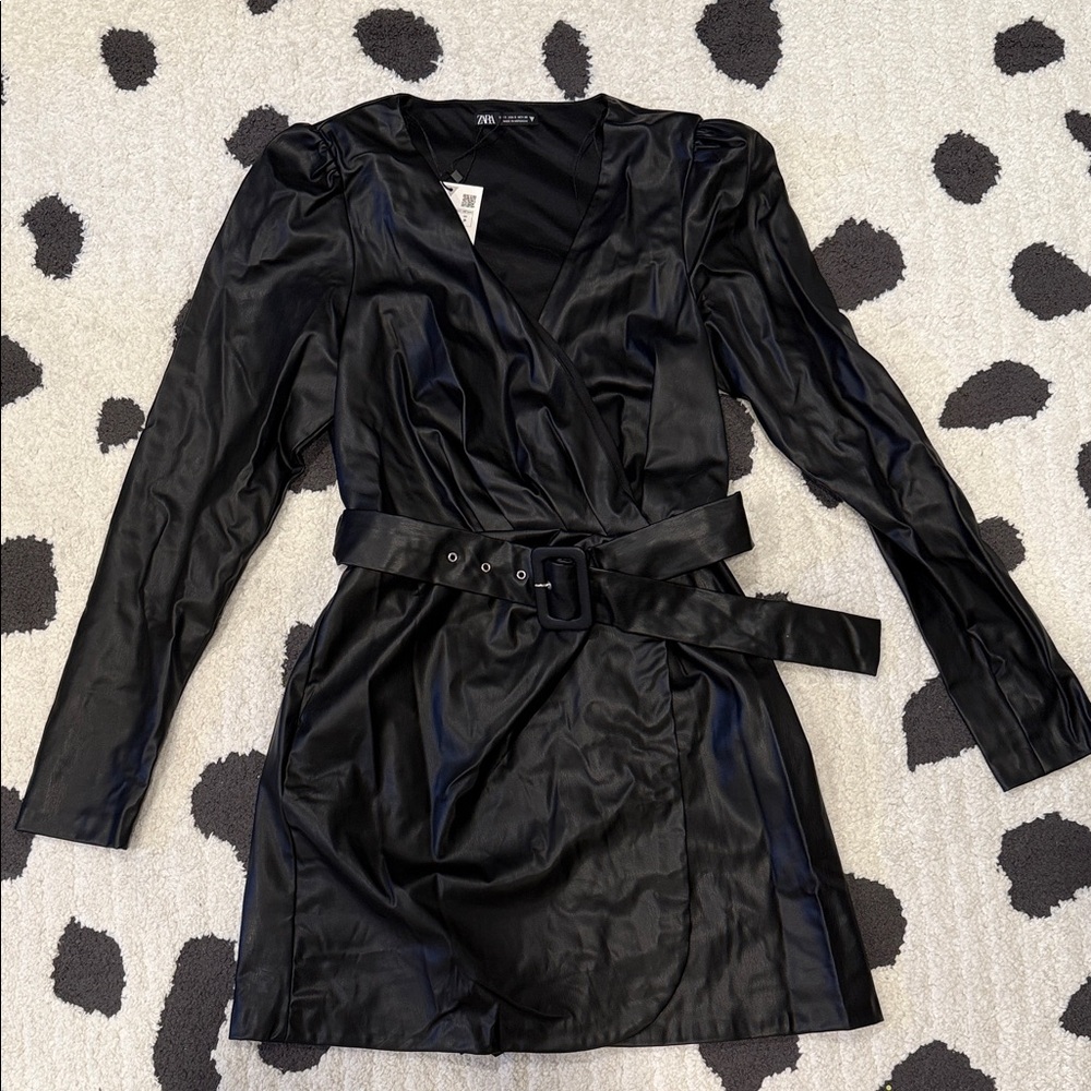 Zara Black Faux Leather Wrap Dress